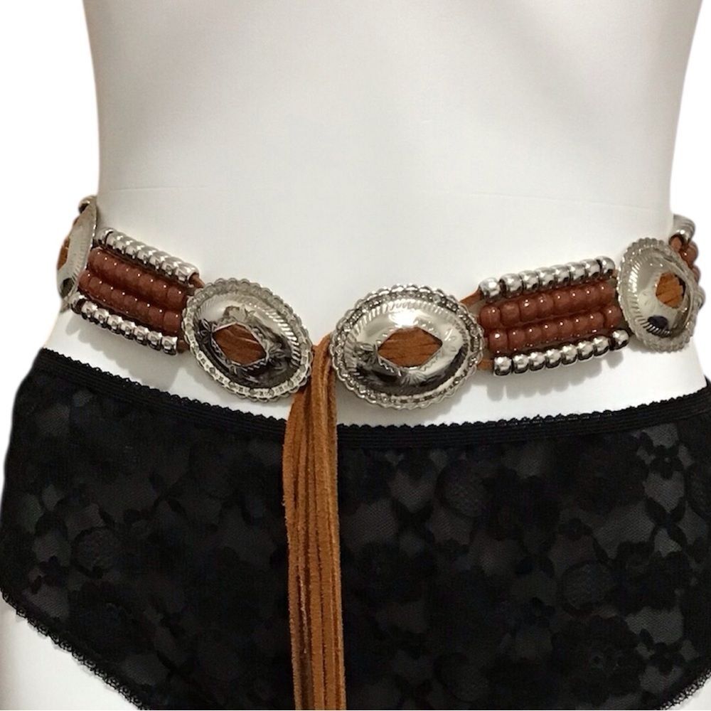 Brown Suede Leather Concho Self Tie Belt